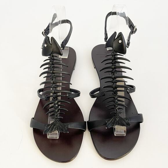 Giuseppe Zanotti Black Leather Fishbone Flat Ankle Strap Sandals IT 37.5 - Picture 2 of 12